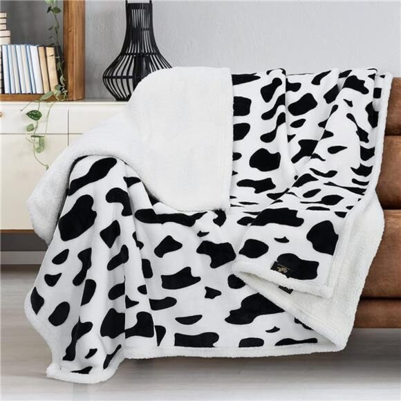 Cow Print Sherpa Fleece Blanket,Super SoftPlush Throw Blanket for Couch,Cow Gift - Picture 1 of 8